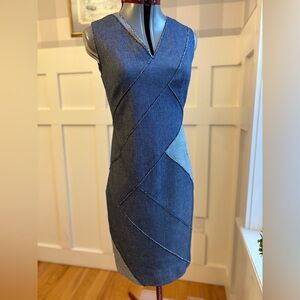 Elie Tahari Sleeveless Patchwork Denim Midi Dress in Blue Modern Summer